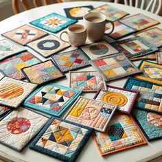 a table topped with lots of different quilts and cups on top of each other