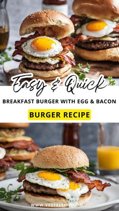 breakfast burgers with eggs and bacon on buns are shown in two different photos