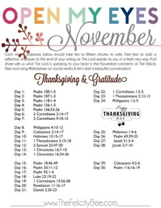 the open my eyes november calendar with thanksgiving and thanksgiving printables for each month