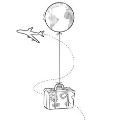 an airplane flying over a suitcase with a balloon attached to the handle, and a world map on it