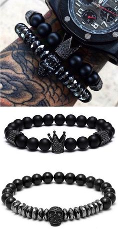 Titanium Skull & Crown  Natural Stone Bracelets. Arsenal Today, Skull Bracelets, Skull Crown, Crown Bracelet, King Crown, Stone Bracelets, Men's Bracelets, Wrist Wear