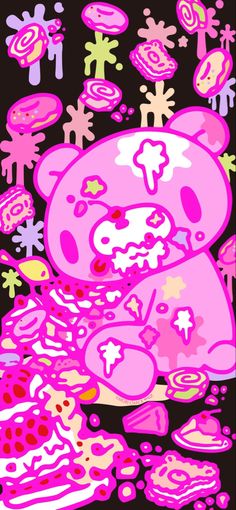 a pink teddy bear surrounded by snowflakes on a black background with stars and circles