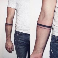 two pictures of the same person with tattoos on their arms, one has a black band around his arm