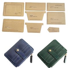 four different types of wallets with tags attached to the front and back of them