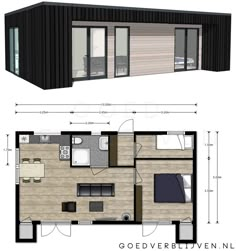 the floor plan for a small cabin with two separate rooms