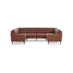 a brown leather sectional sofa with two chairs and one end table on the right side