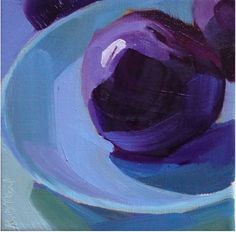 an oil painting of purple flowers in a blue bowl