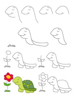 an image of children's drawing with turtles and flowers