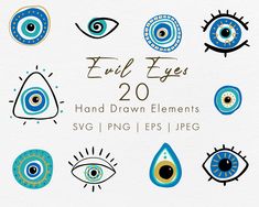 blue and yellow eye designs with the words full eyes 20 hand drawn elements svg