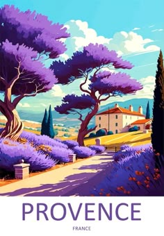 a purple poster with trees and bushes in the foreground, on a sunny day