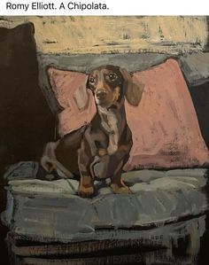 a painting of a dachshund dog sitting on a bed with pink pillows