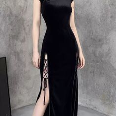 Romantic Gothic Velvet Aesthetic Dresses Vintage Women Black Bandage Slithem Bodycon Dress Sexy Evening Wear Cheongsam! Formal Japanese Dress, Black Split Dress For Party, Black Split Dresses With Side Slits, Black Split Dress For Cocktail, Club Dresses With Side Slits And Split Shape, Black Split Cocktail Dress, Black Stretch Dress With Split Hem, Black Formal Dress With Split Design, Elegant Club Dresses With Split