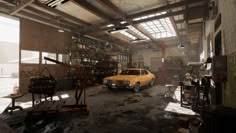 a yellow car is parked in an old warehouse with lots of junk on the floor