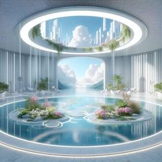 an artist's rendering of the inside of a futuristic building with water and plants