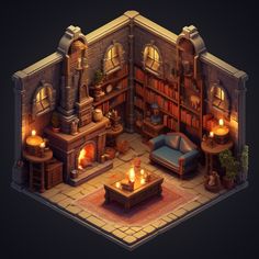 a low poly model of a living room with fireplaces and bookshelves on the walls