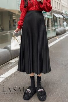 Lasaky - Premium Womens Winter A-Line Pleated Midi Skirt with High Waist and Flowy Hem Polyester Skirt, Black F, Womens Winter, Skirt Skirt, Light Summer, Color Fabric, Pleated Midi Skirt, Types Of Skirts, Winter Women