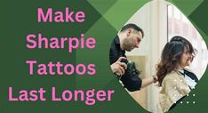 a man and woman standing next to each other in front of a window with the words make sharpie tattoos last longer