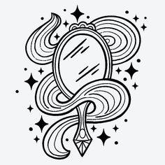 a black and white drawing of a mirror with stars in the back ground, on a white background