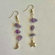 Celestial Moon & Star Healing Crystal Earrings - Amethyst Crystal Crescent Moon Sparkly Gold Earrings - Spiritual Jewelry - Dangly Drop Earrings - An Amethyst Crystal Is A Natural Stress Reliever That Encourages Inner Strength And Peace. Amethyst Stimulates The Crown Chakra And Is An Aid In Meditation, Helping You To Calm Your Thoughts. Energy Wise, An Amethyst Crystal Has Very Powerful Purifying, Healing And Transforming Properties. - Bundle And Save! I Accept Most Offers :) Boho, Bohemian, Rei Home Made Crystal Jewelry, Crystal Jewelry Business, Urban Outfitters Jewelry Gift, Purple Adjustable Celestial Jewelry, Adjustable Purple Celestial Jewelry, Celestial Purple Dangle Earrings, Purple Celestial Dangle Earrings, Handmade Purple Celestial Earrings, Purple Metal Crystal Earrings As Gift