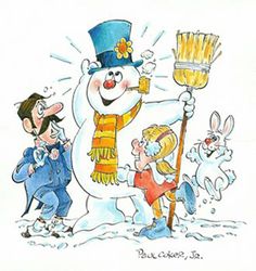 an image of a cartoon snowman with rabbits