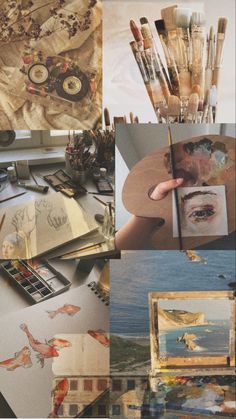 a collage of photos with various paintings and art supplies on it's surface