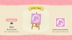 an animal crossing game screen with pink flag and other items in the background, including a small easel