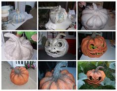 several pumpkins with different faces and designs on them, all decorated to look like they have been carved