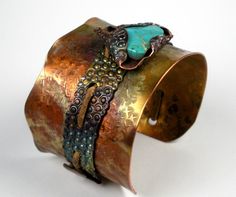 Turquoise and Copper Cuff, A Hammered, Stamped and Folded Copper Cuff with Sleeping Beauty Copper And Turquoise, Metal Art Jewelry, Turquoise Bracelets, Bangle Design, Copper Jewellery, Metalsmithing Jewelry, Mixed Metal Jewelry, Copper Cuff, Jewelry Techniques