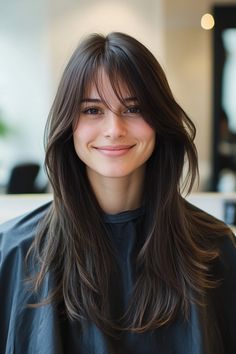 Click for More ➡️ | Save for Later ❤️  This rich brunette base is highlighted with bronzed tones, adding warmth and depth. The face-framing layers accentuate the cheekbones and jawline, while long, sweeping bangs create a soft, flattering silhouette. (Bronzed Brunette with Face-Framing Layers - Long Layered Hair With Bangs) Long Hair Short Face Framing Layers, Haircut With Side Bangs And Layers, Soft Layer Long Hair, Haircuts For Long Hair And Round Face, Face Framing Hair Straight, Long Layers With Curtain Bangs Side Part, Side Framing Bangs, Long Layered Haircuts With Face Framing Bangs