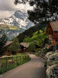 a scenic view of mountains and houses in the foreground with a path leading to them