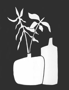 a black and white drawing of two vases with a plant in them