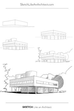 three different architectural drawings are shown in black and white, with the words sketch like an architecture