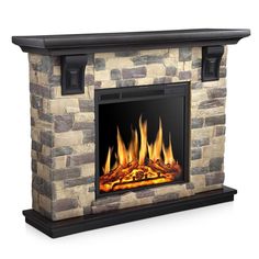 a stone fireplace with fire and flames on the mantle, isolated against a white background