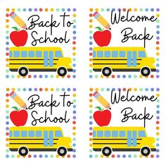 four school bus stickers with the words back to school and an apple on top