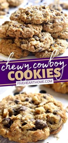 chewy cowboy cookies are stacked on top of each other with the title above it