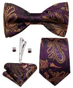 PRICES MAY VARY. Necktie + SELF TIE Bow Tie + Pocket Square + Cufflinks + Silver Tie Clip Size: 59.06inches * 3.35inches for Tie, 9.4inches * 9.4inches for Hanky, 4.7inches * 2.4inches for Bowtie Tie and Bow Tie Set: Using the same fabric and you will receive the totally match one set accessory which make you stand out. Silver Tie Clip: This silver tie clip is the perfect addition to any ensemble; making great difference in appearance and comfort. Perfect accent for tie guys with an mix style ap Luxury Purple Suit And Tie Accessories For Black Tie, Luxury Fitted Purple Suit And Tie Accessories, Luxury Purple Men's Suit And Tie Accessories, Luxury Satin Gentleman's Bow Tie, Mens Pocket Squares Purpke Velvet Tie, Men Ties, Flower Lapel, Silver Tie, Tie Bow Tie