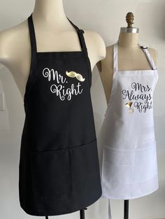 two aprons on mannequins with the words mr right and mrs always right