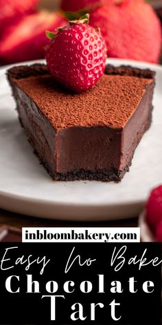 easy no bake chocolate tart dessert with strawberries on top