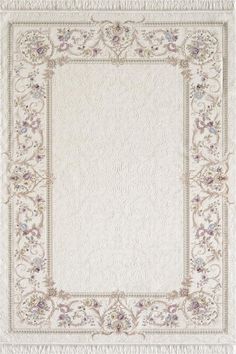 a white rug with purple flowers and fringes on the edges, in an ornate frame