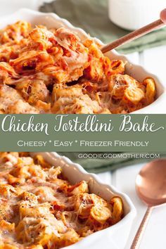 chicken tortellini bake in a casserole dish with text overlay