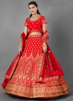 Buy Embroidered Work Trendy Designer Lehenga Choli Online Satin Dupatta, Satin Lehenga, Heavy Lehenga, Bridal Lehenga Online, Red Lehenga Choli, Bridal Lehenga Designs, Lehenga Fabric