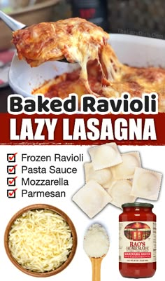 the ingredients for baked ravioli lazy lasagna are shown in this advert