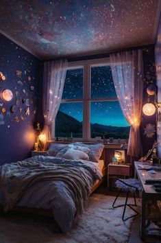 a bedroom decorated in purple and blue with stars on the ceiling