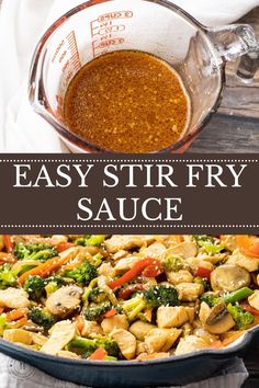 an easy stir fry sauce in a skillet with broccoli and carrots