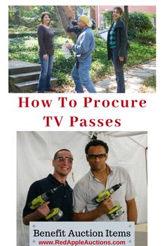 two men and one woman are standing in front of a white background with the words how to procure tv passes