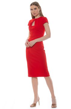 Fabric drapes from the neckline to bodice of a midi length sheath dress that features a playful front keyhole detail. 44" length (size X-Small) Crewneck Short sleeves Back zip closure Lined 95% polyester, 5% spandex Machine wash, line dry Imported Model stats: 5'10" height, 32" bust, 25" waist, 36" hip. Model is wearing size X-Small. Drape Sleeves, Midi Sheath Dress, Draped Fabric, Classic Beauty, Sheath Dress, Midi Length, Nordstrom Rack, Pencil Skirt, Bodice