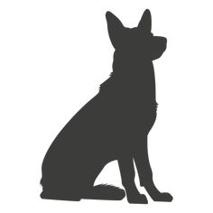 a black and white silhouette of a dog sitting on the ground with its head turned to the side