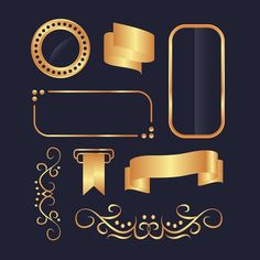 a set of golden decorative elements on a black background