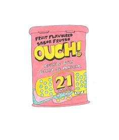 a drawing of a bag of gum with the words ouch on it