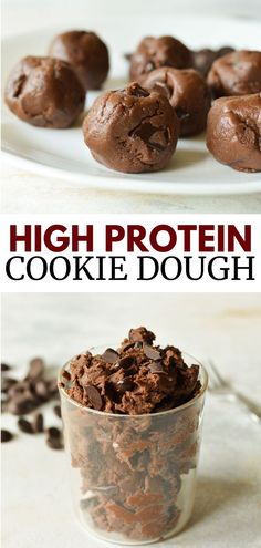 chocolate cookie dough balls, cookie dough in a glass Chocolate Protein Recipes, Protein Dessert Recipes, Healthy Chocolate Cookies, Protein Balls Recipes